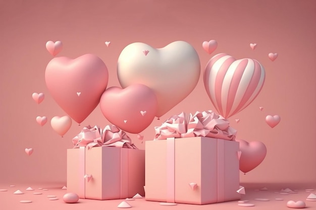 Pink heart shaped balloons float out of the white gift box on pink background AI Generative