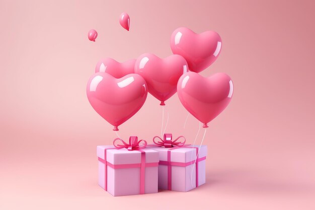 Pink Heart Shaped Balloons Floating Over Gift Box valentines day concept 3D heart shaped balloons flying with gift boxes on pink background AI Generated