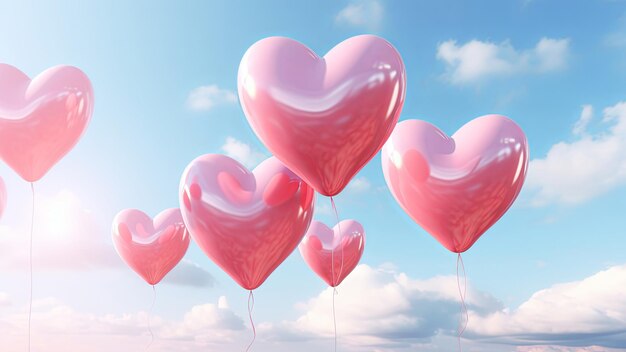 Pink heart shaped balloons floating in the sky Valentines day concept 3D Rendering