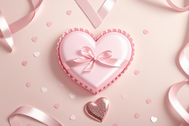 A pink heart shaped box with a ribbon bow sits on a pink background.