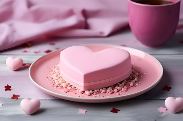 Pink heart shaped cake on plate and cup of tea on wooden table