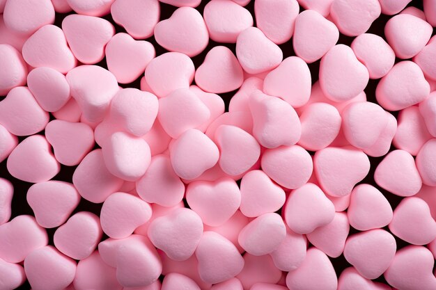 Розовые конфеты в форме сердца на черном фоне сверху фон дня святого Валентина розовый зефир для дня святого Валентина в качестве фона и текстуры AI Generated
