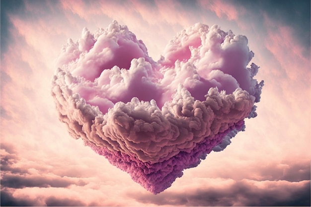 Pink heart-shaped cloud in the sky, AI-generated.