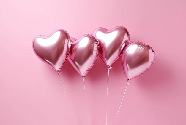 Pink heart shaped helium balloons on pink background