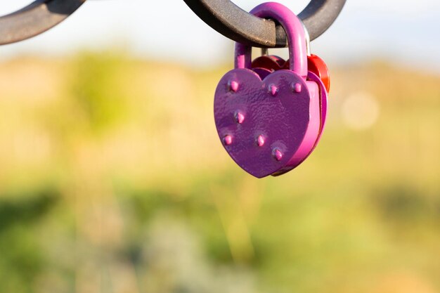 Pink heart shaped lock hangs from bridge chain wedding custom is symbol of eternal love