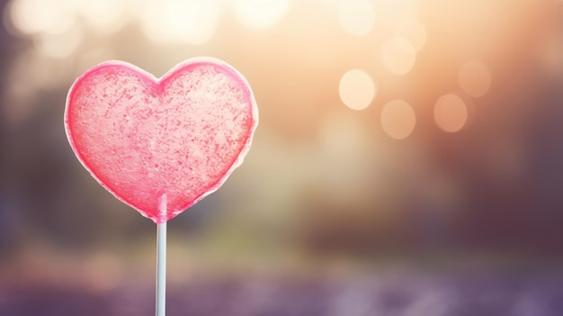 A pink heart shaped lollipop on a stick