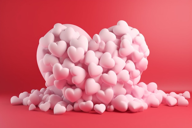 A pink heart shaped pile of hearts sits on a red background.