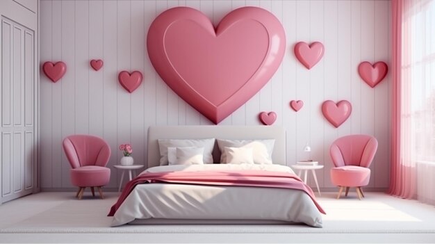 Pink heart shaped pillow on the bed in bedroom