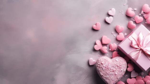 Pink heart shaped sprinkles on grey table flat lay Space for text Generative Ai