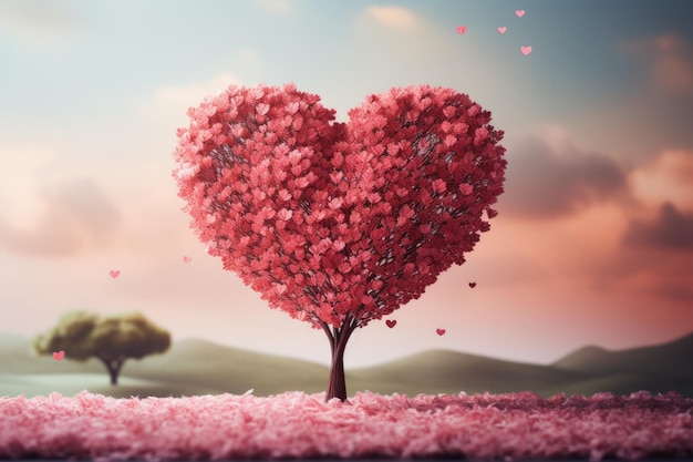 사진 발렌타인 데이를 위해 분홍색 색조와 함께 분홍색 심장 모양의 나무 일러스트레이션.