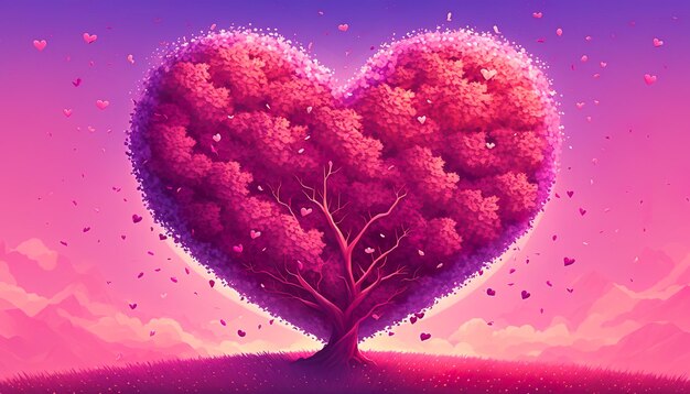 Розовое дерево в форме сердца со словами любви на нем