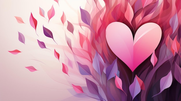 A pink heart surrounded by leaves on a light pink background