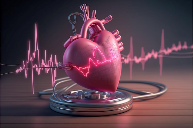 Pink heart on top of a stethoscope with an electrocardiogram in the background