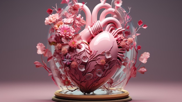 Розовое сердце в вазе с цветами