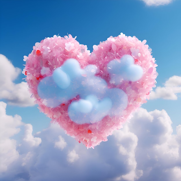 Pink heart with clouds on blue sky background 3d illustration