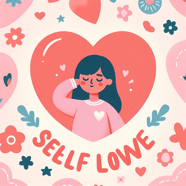 Photo a pink heart with a girl on the front and the words make yourself self love