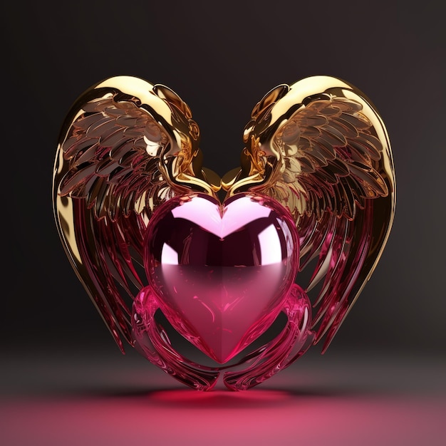 A pink heart with gold wings is on a dark background.