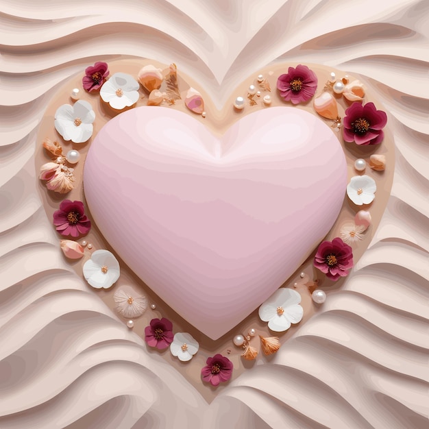 Pink heart with pearls and dried flowers on white sand abstract illustration for wedding valentine