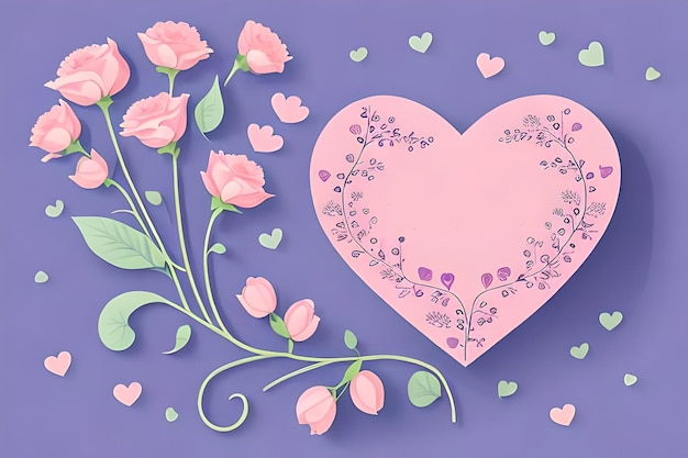 A pink heart with a pink heart on it and a bunch of roses on the bottom.