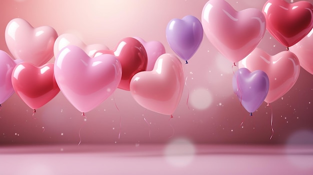 розовое сердце с фиолетовыми и фиолетовыми сердечками, парящими в воздухе.