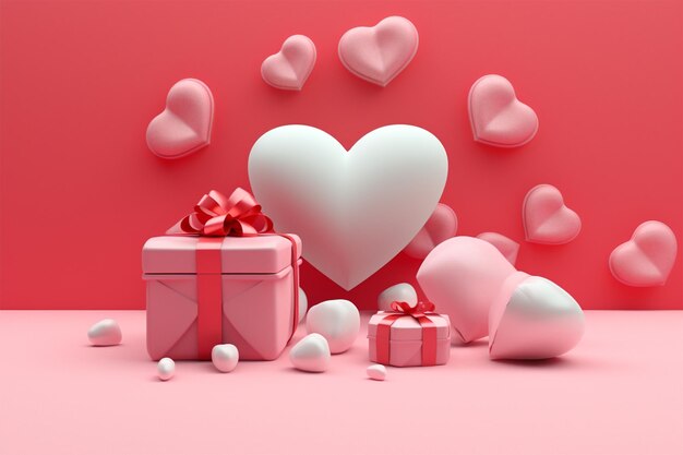 A pink heart with a red heart and a box with a red bow.