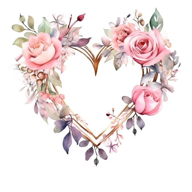 A pink heart with roses and leaves.