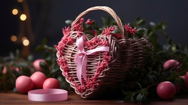 Photo pink heart wooden basket green plants background image valentine background images hd