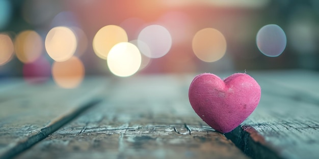 Pink heart on wooden empty table valentine day bokeh background