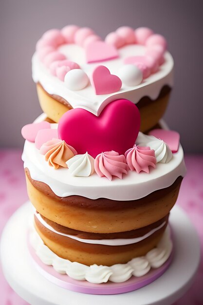 Photo pink hearted cake for valentine or birthday