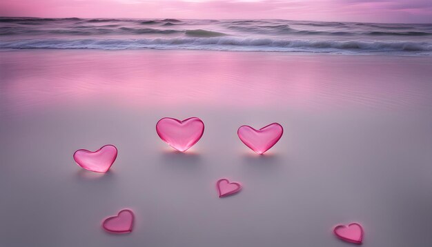 Foto i cuori rosa sono disposti sulla spiaggia al tramonto.