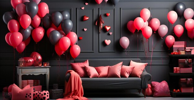 Pink hearts and balloons over a dark bedroom