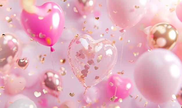 розовые сердца и воздушные шары на розовом фоне