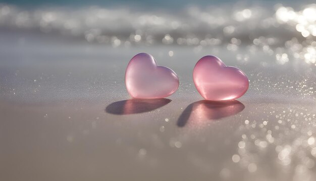 Photo pink hearts on the beach with the ocean in the background