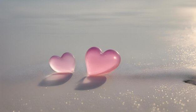 Photo pink hearts on the beach with the sun shining on them