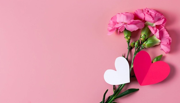 Pink hearts and flowers on a pink background