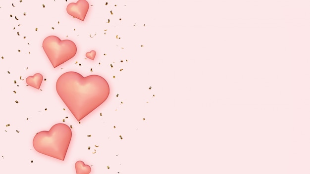 Pink Hearts on Golden Confetti Background