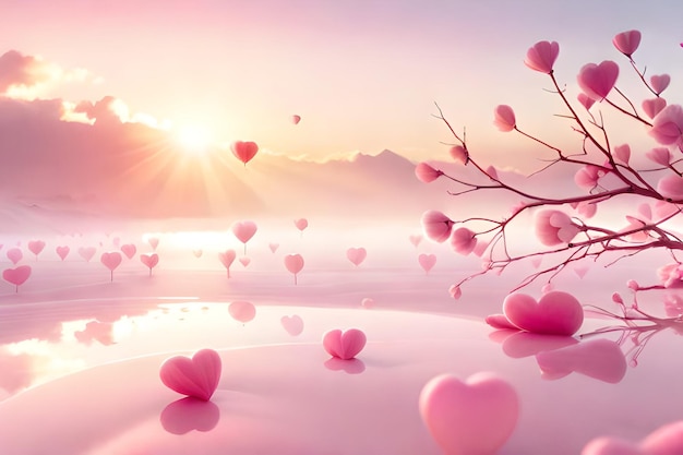 Photo pink hearts on a tree branch with the sun behind them
