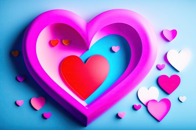 Pink hearts with a heart on a blue background