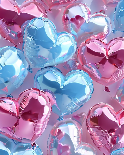 Pink heartshaped balloons on a blue background 3d rendering