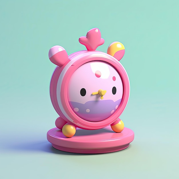 A pink hello kitty clock with a pink face on a blue background.