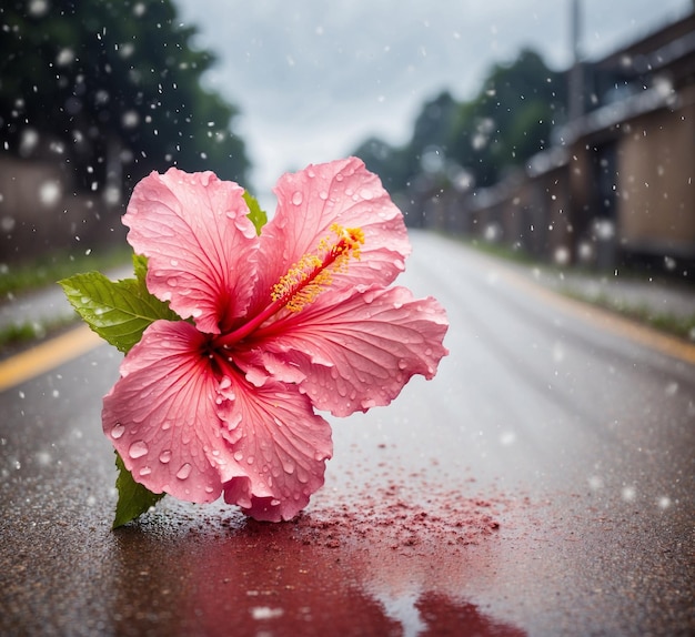 Pink hibiscus flower on the road with rain drops