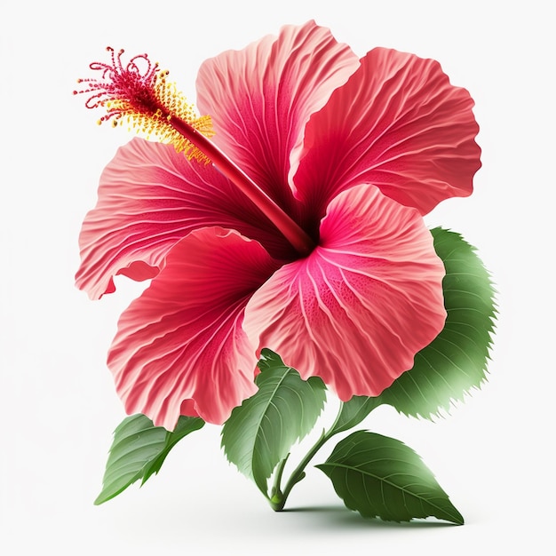 A pink hibiscus flower with green leaves