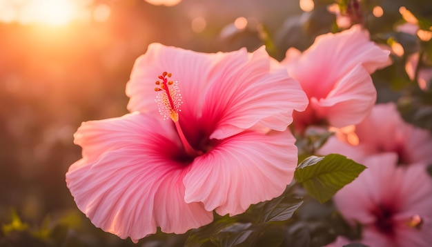 a pink hibiscus flower with the sun behind it