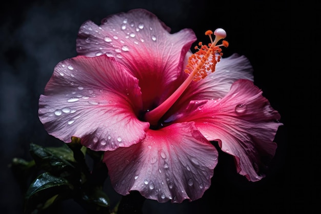 A pink hibiscus flower with water drops on it