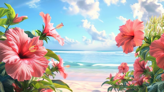 Pink Hibiscus Flowers on the Beach