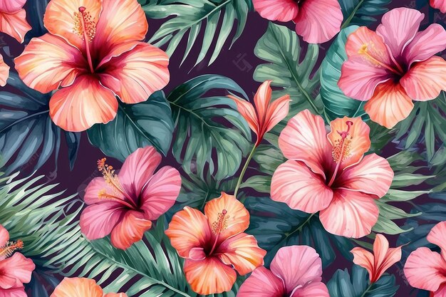 Pink Hibiscus Tropical Brown Watercolor Foliage Pattern