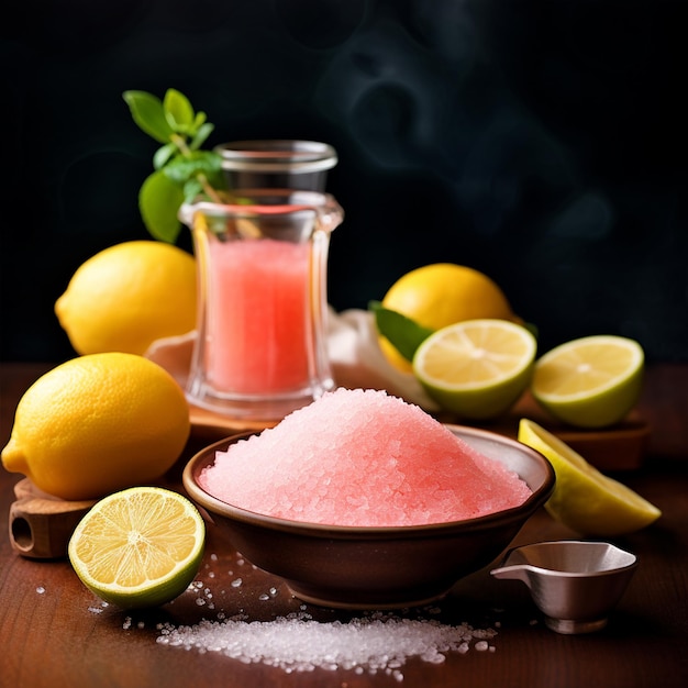 Pink himalayan rock salt with lemons on a wooden table