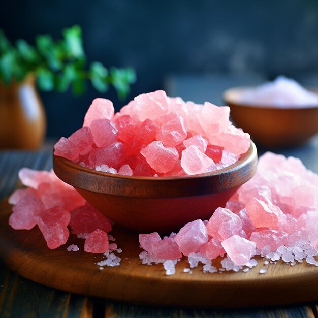 Pink himalayan rock salt on a wooden table