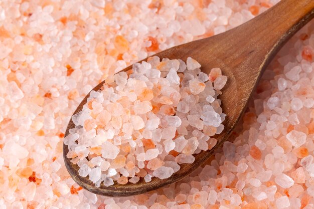 Pink Himalayan salt crystals, food concept photo.