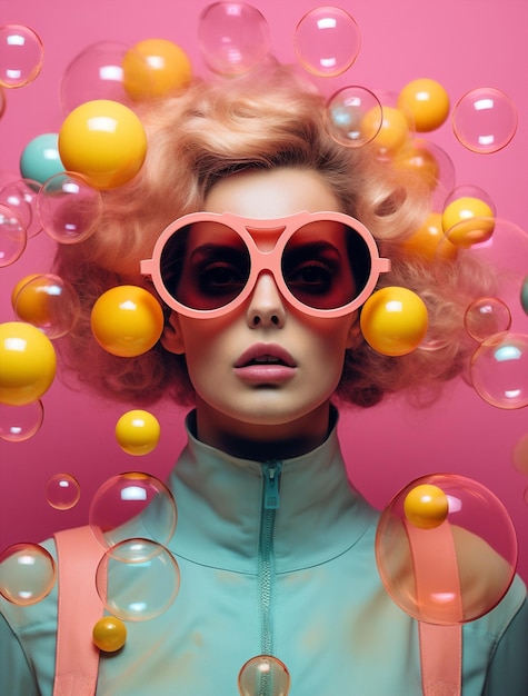 Pink hipster mode trendy model bubbels ballon bril glamour feest